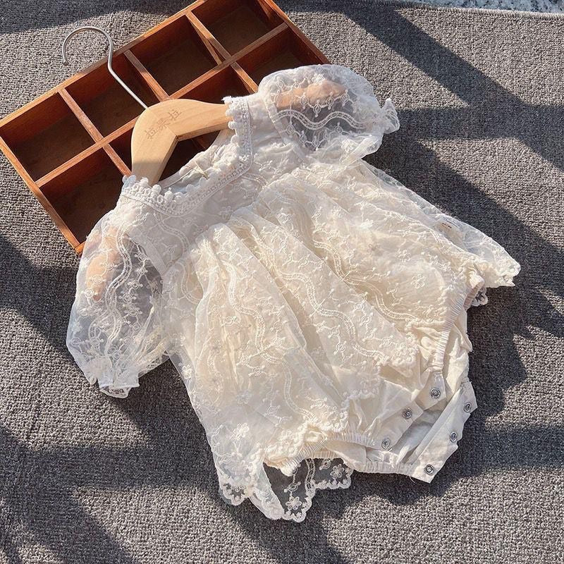 Baby beige lace short sleeve romper dress with headband