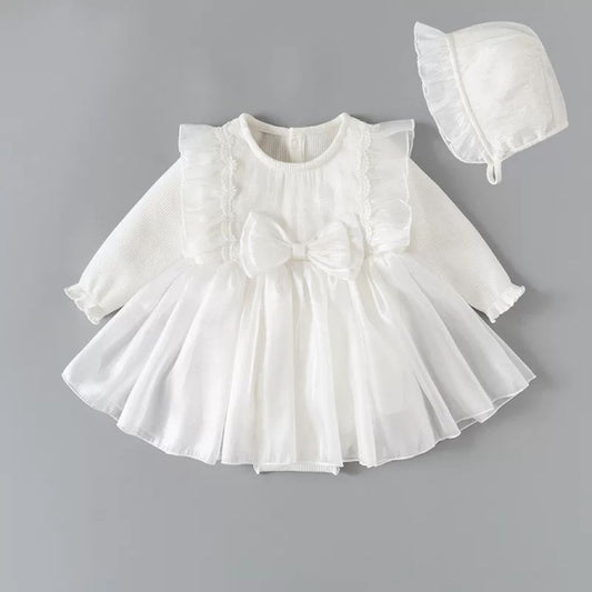 Baby white long sleeve romper dress with bow + hat