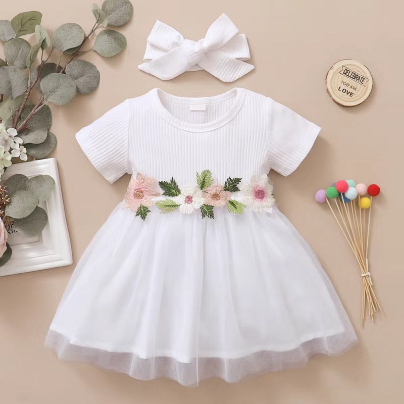 Set of 2 piece Short sleeve girl dress with flowers + headband 2 color