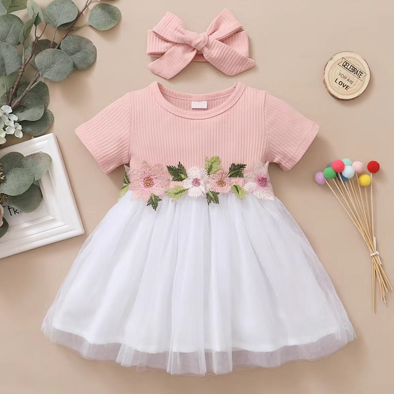 Set of 2 piece Short sleeve girl dress with flowers + headband 2 color