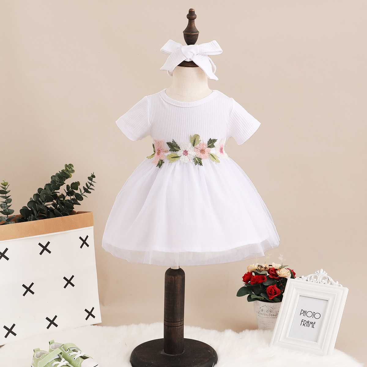 Set of 2 piece Short sleeve girl dress with flowers + headband 2 color