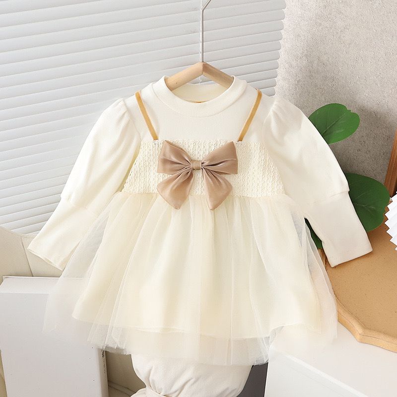 Baby girl dress long sleeve with tulle bow knot