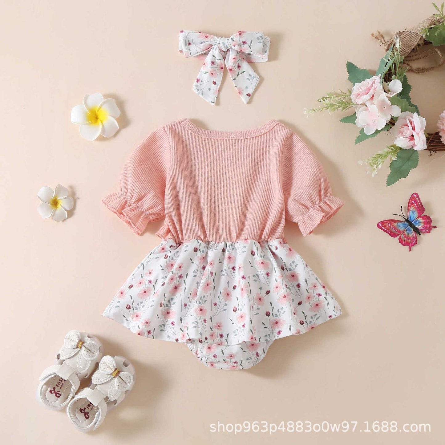 Baby long sleeve romper dress with printed flowers+ headband