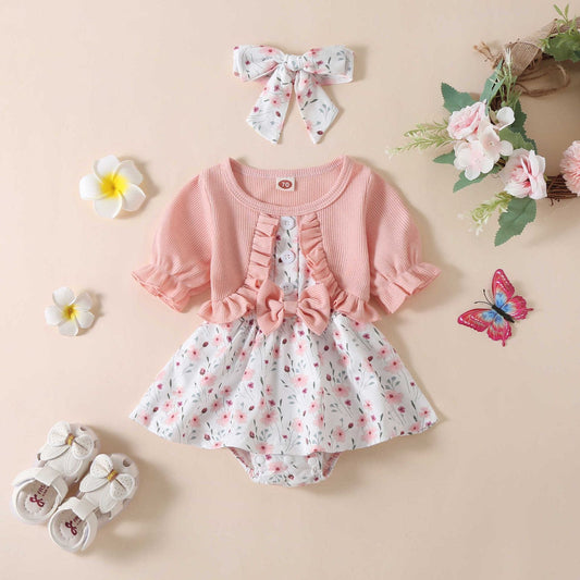 Baby long sleeve romper dress with printed flowers+ headband