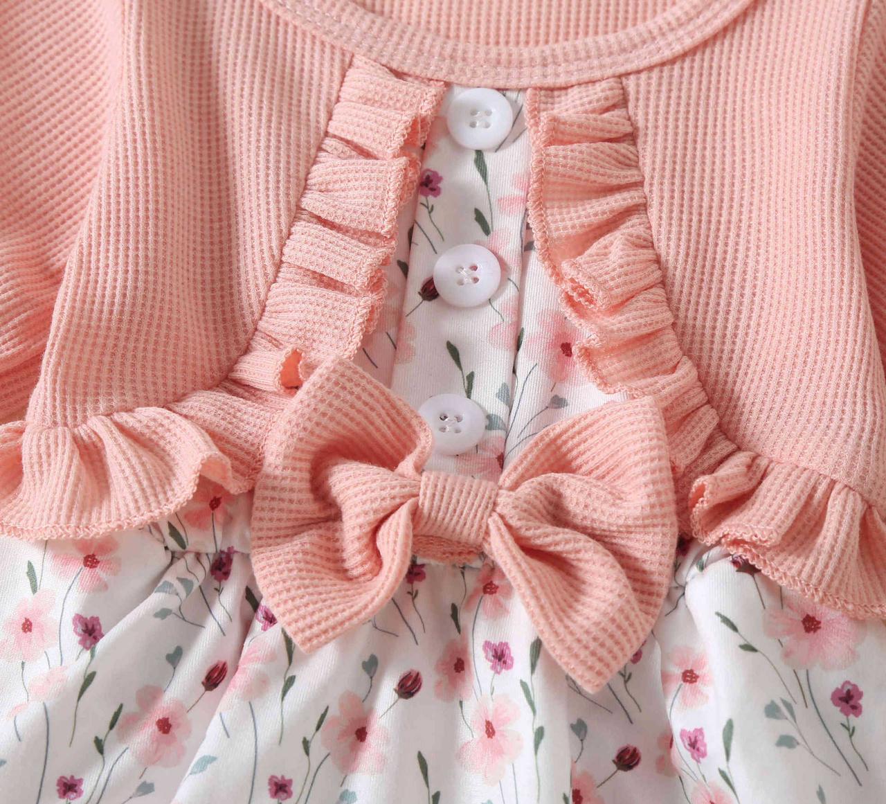 Baby long sleeve romper dress with printed flowers+ headband