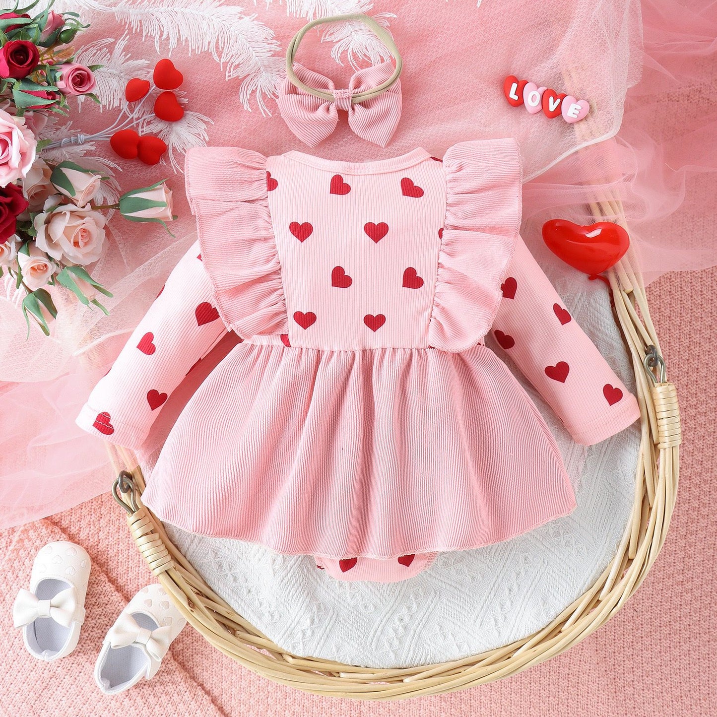 Baby long sleeve romper  dress with printed heart + headband