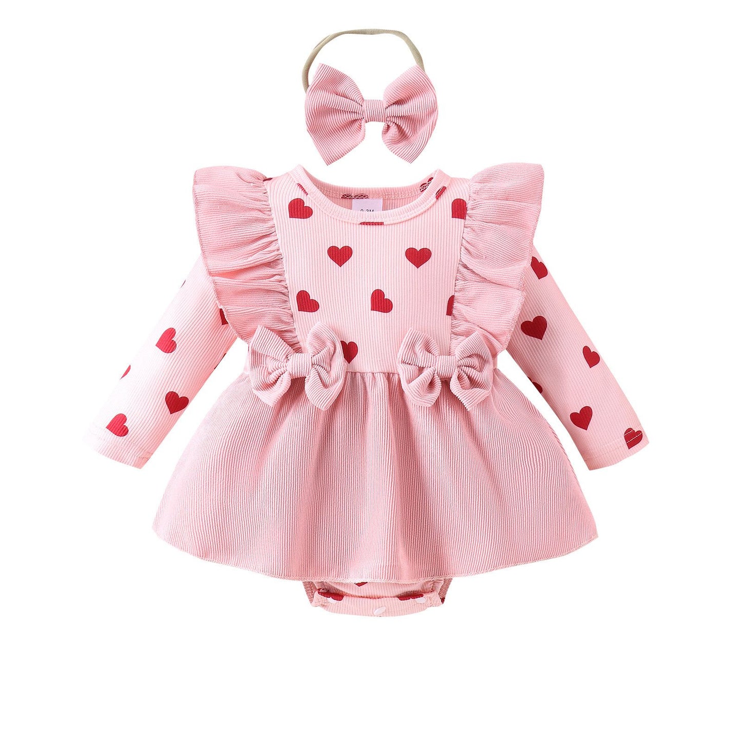 Baby long sleeve romper  dress with printed heart + headband