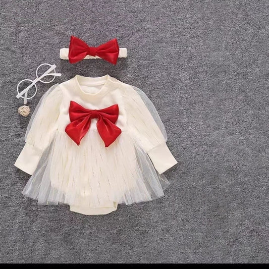 Set of 2 piece Baby beige romper dress long sleeve + headband red bow knot