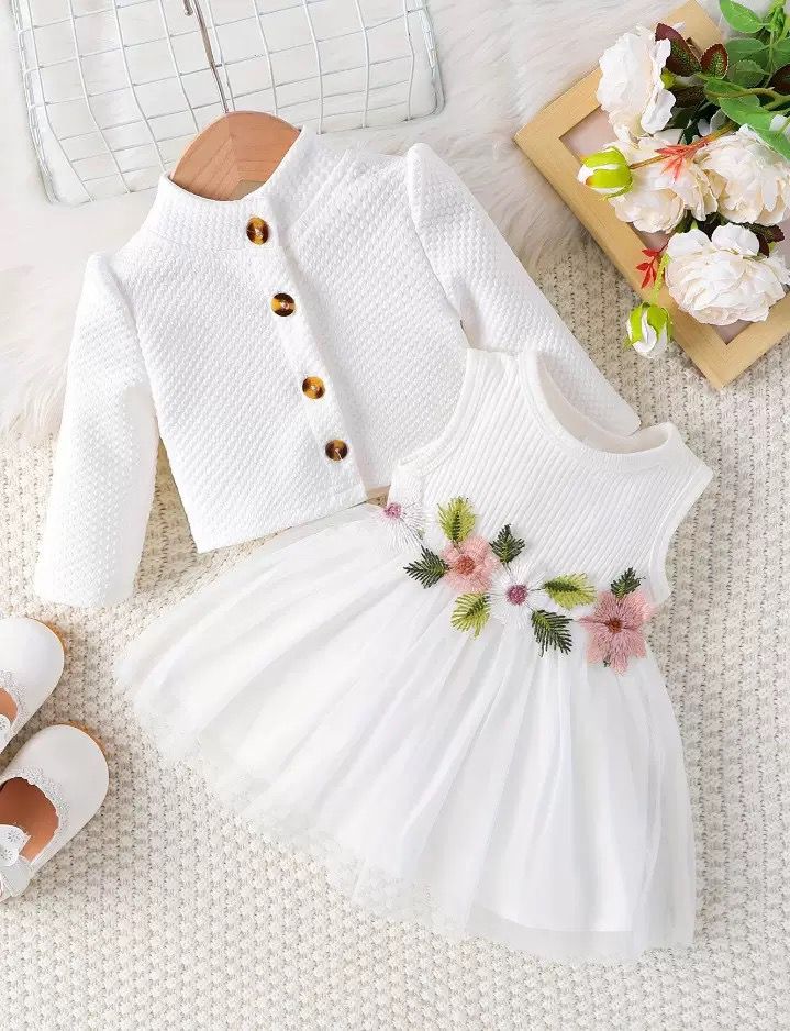 2 pcs set Girls jacket long sleeve cardigan + dress  with flowers