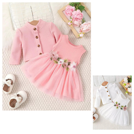 2 pcs set Girls jacket long sleeve cardigan + dress  with flowers