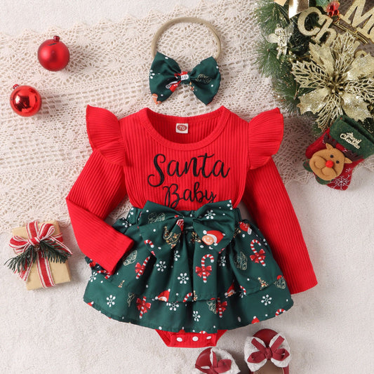 Set of 2pcs baby long sleeve romper dress + headband for Christmas
