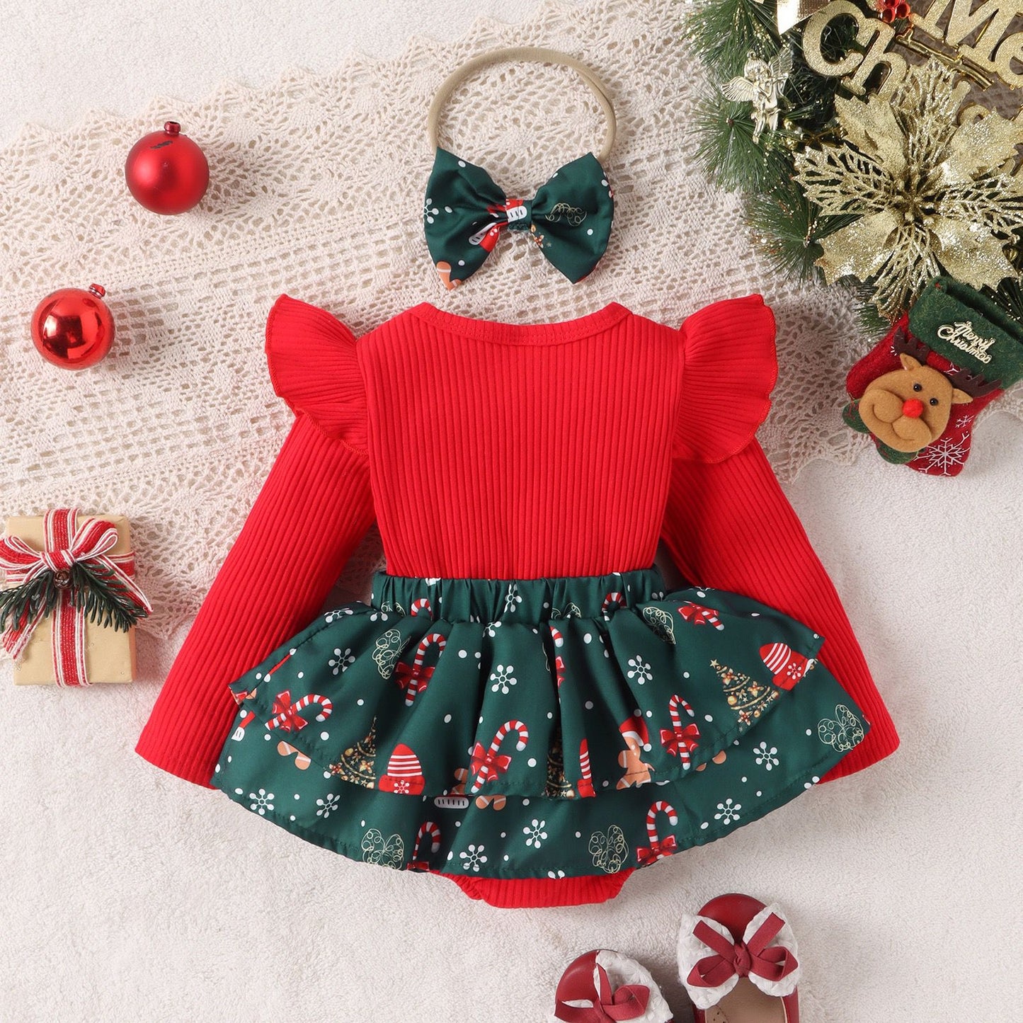 Set of 2pcs baby long sleeve romper dress + headband for Christmas