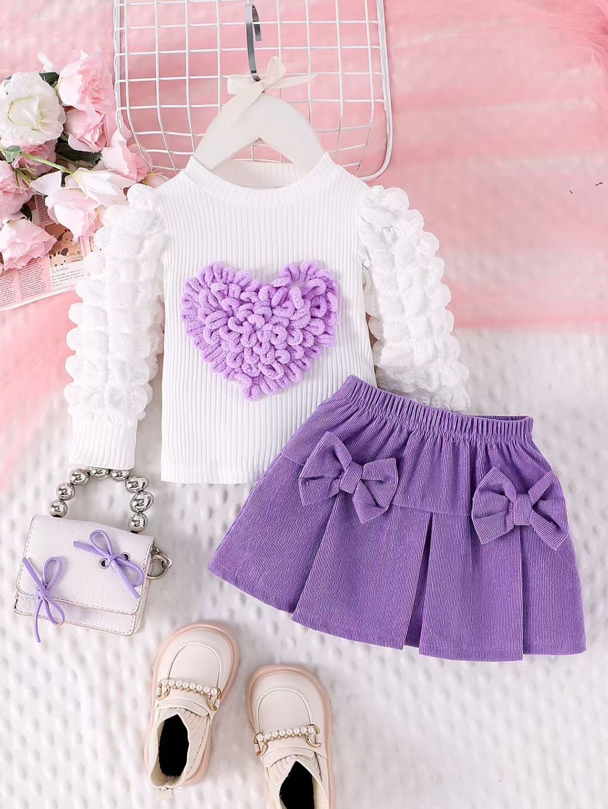 Set of 2 pcs puff long sleeve top + skirt .