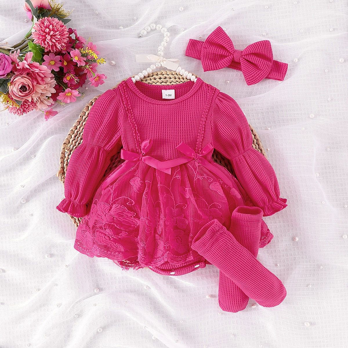 Set of 3 pcs Baby Long Sleeve romper dress + socks + headband