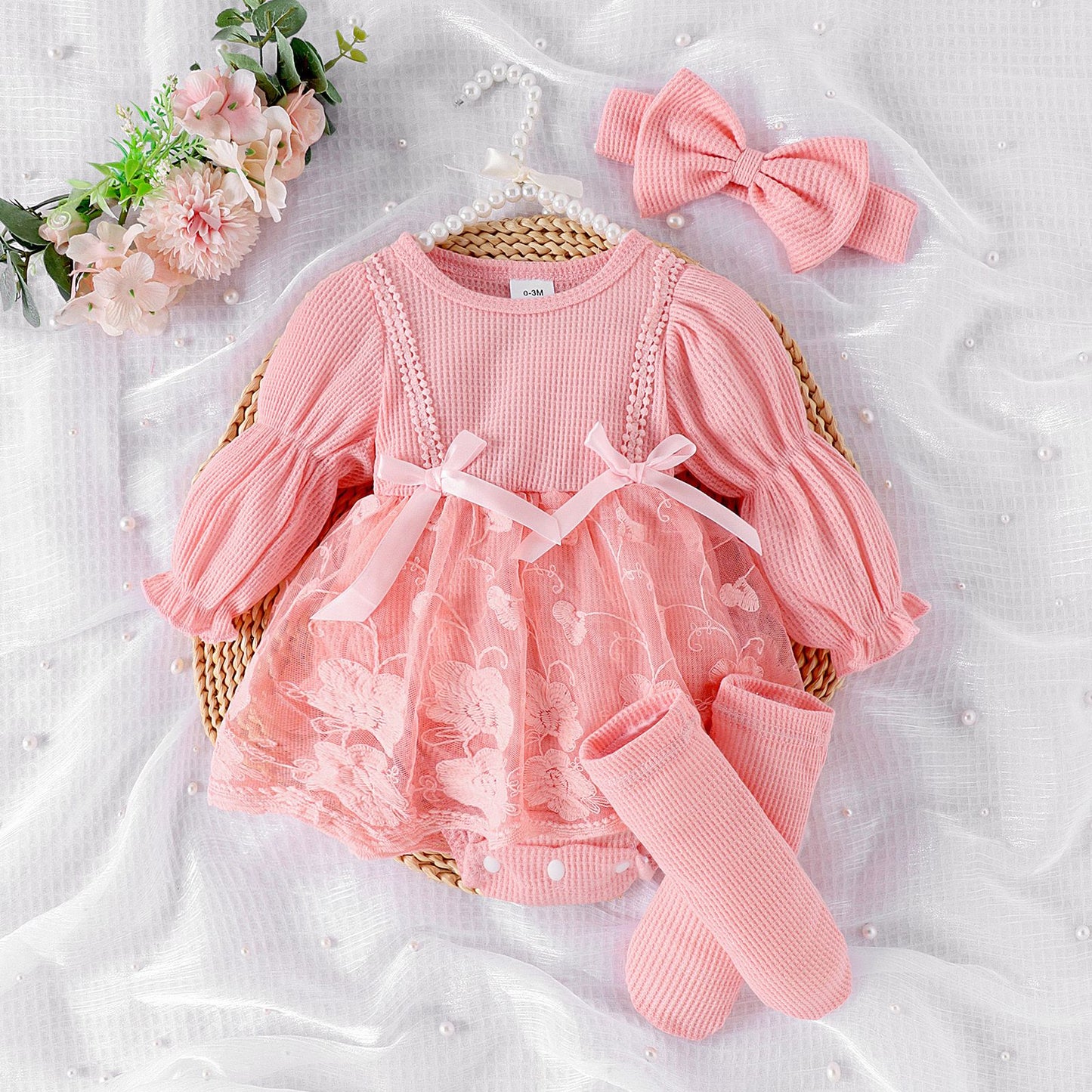 Set of 3 pcs Baby Long Sleeve romper dress + socks + headband