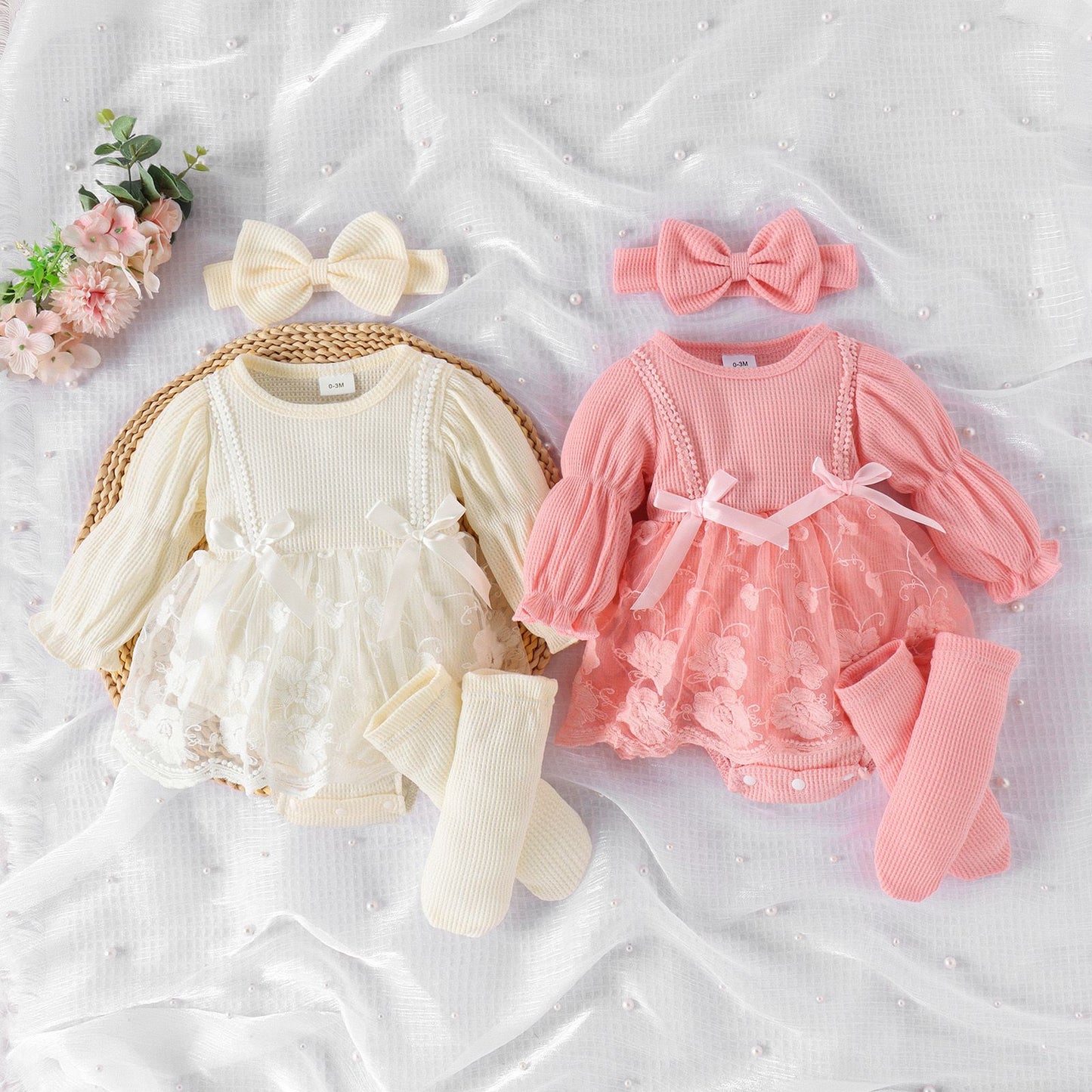 Set of 3 pcs Baby Long Sleeve romper dress + socks + headband