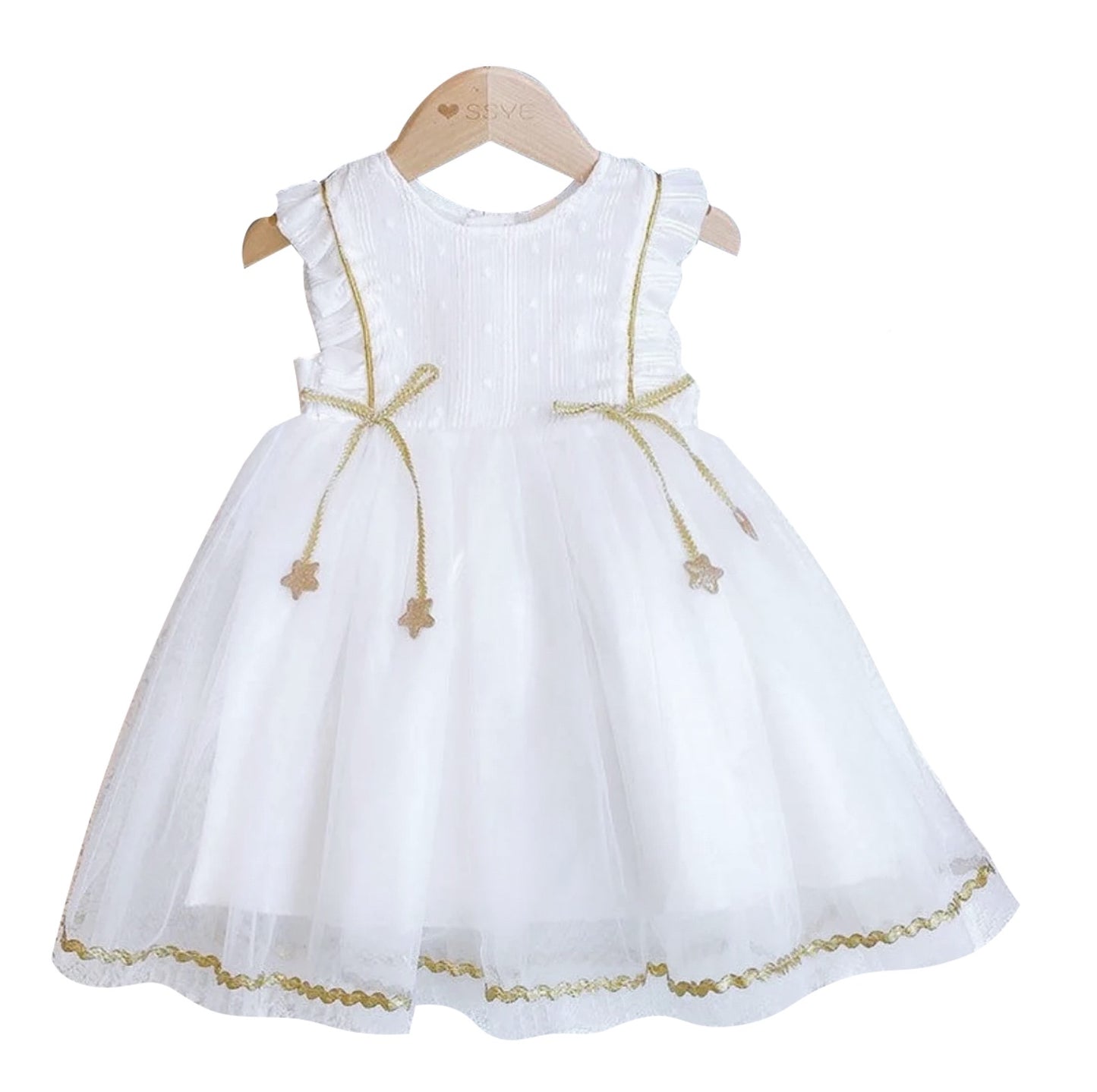 White princess dress with gold stars hanging