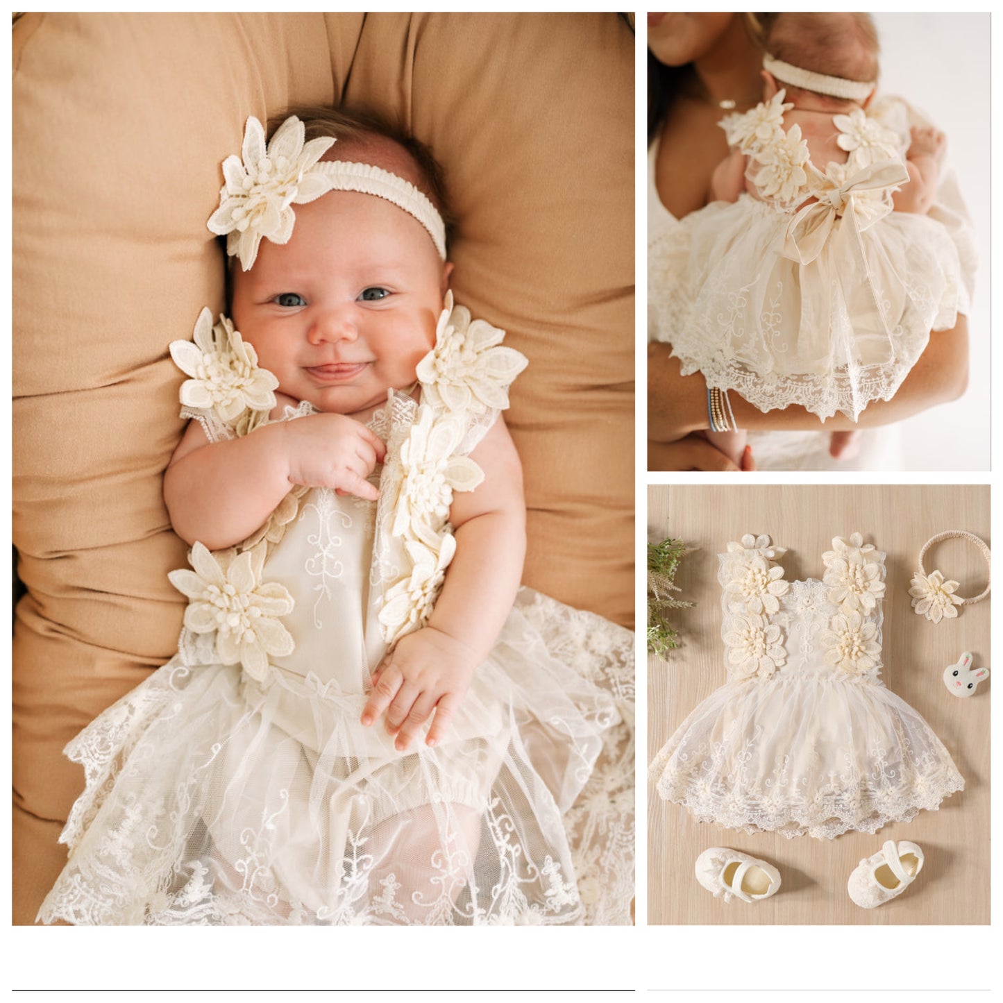 Baby Girl Lace Romper Dress Backless Boho flower + headband Beige