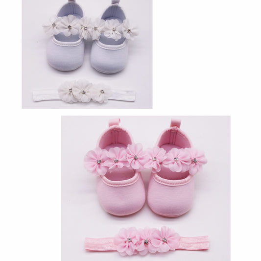 baby pre walker shoes flowers with headband Set