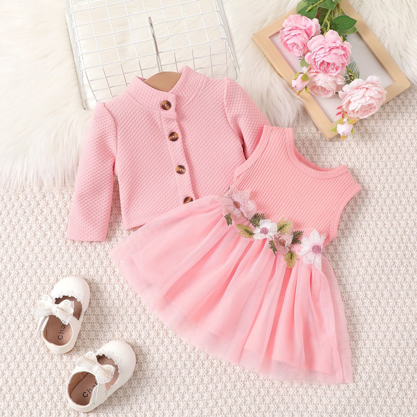 2 pcs set Girls jacket long sleeve cardigan + dress  with flowers