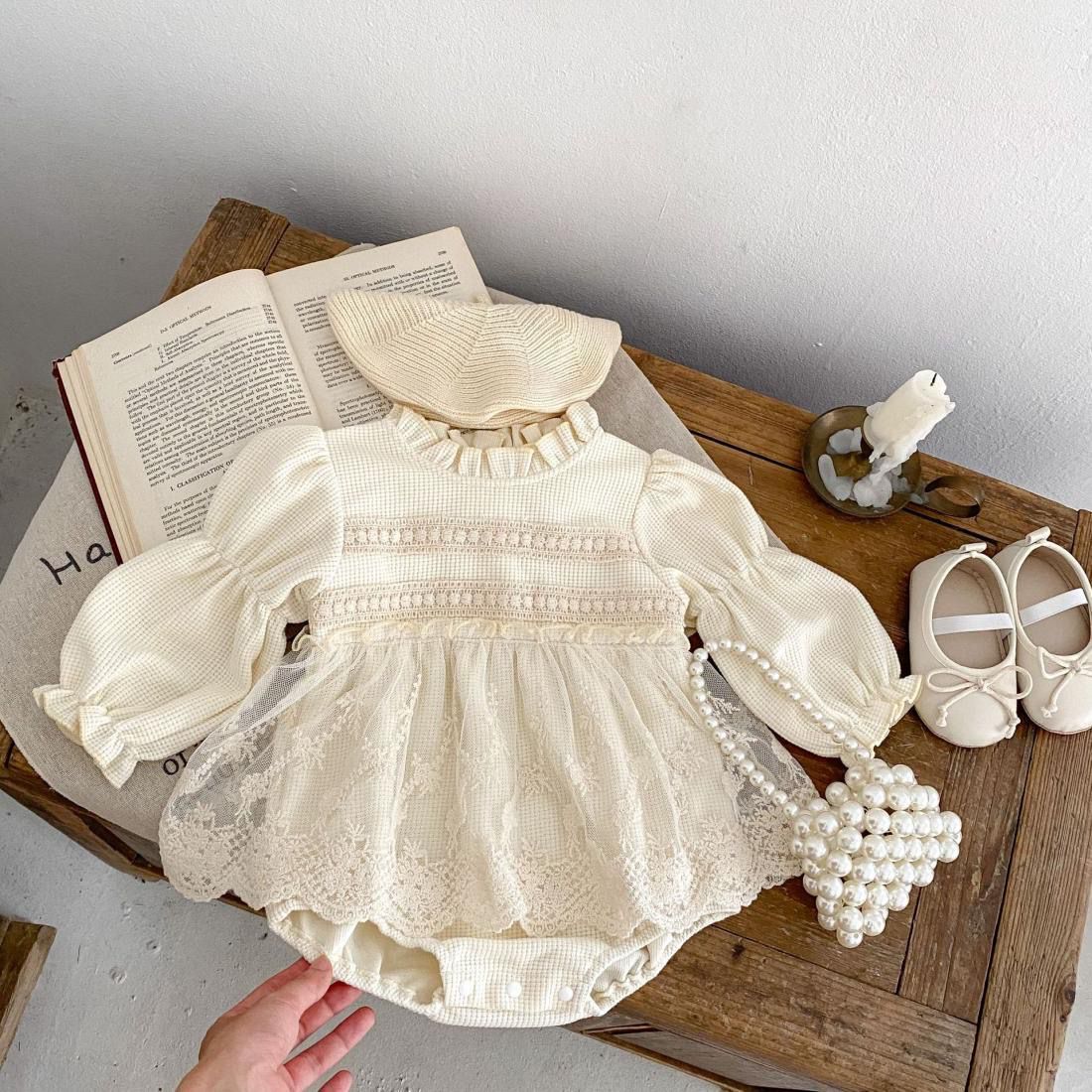 Long sleeve waffle romper dress ruffle collar beige