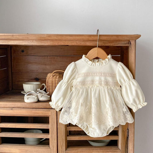 Long sleeve waffle romper dress ruffle collar beige