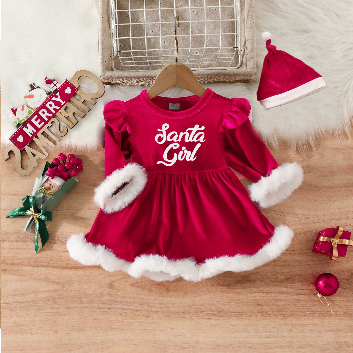 مجموعة قطعتين من فستان طفل عيد الميلاد مطبوع عليه حروف قطيفة بأكمام طويلة رومبير مثلث + قبعة كرة شعر