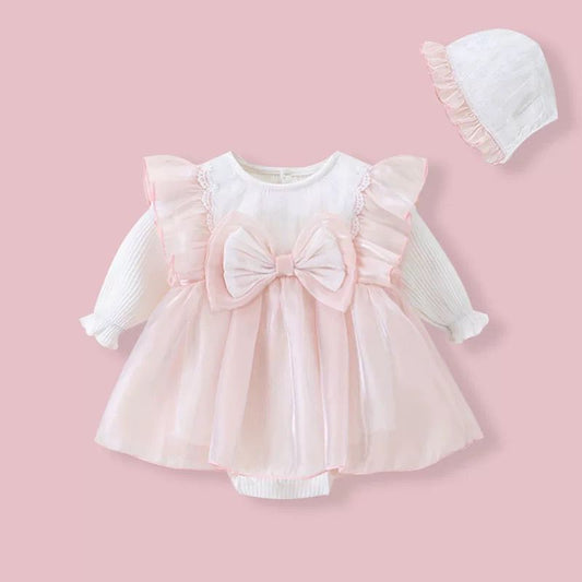 Baby pink long sleeve romper dress with bow + hat
