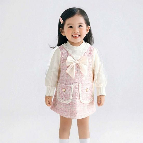 فستان بناتي بأكمام طويلة مع عقدة فيونكة وجيبين باللون الوردي