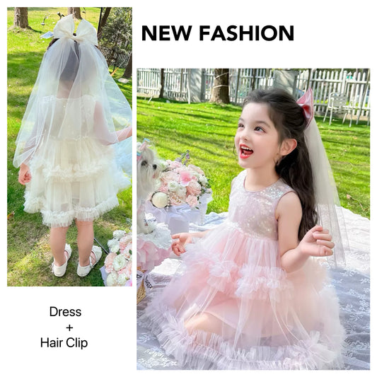Set of 2 pcs Multi layered princess dress very soft with sequins + hair clip with big bow and tulle