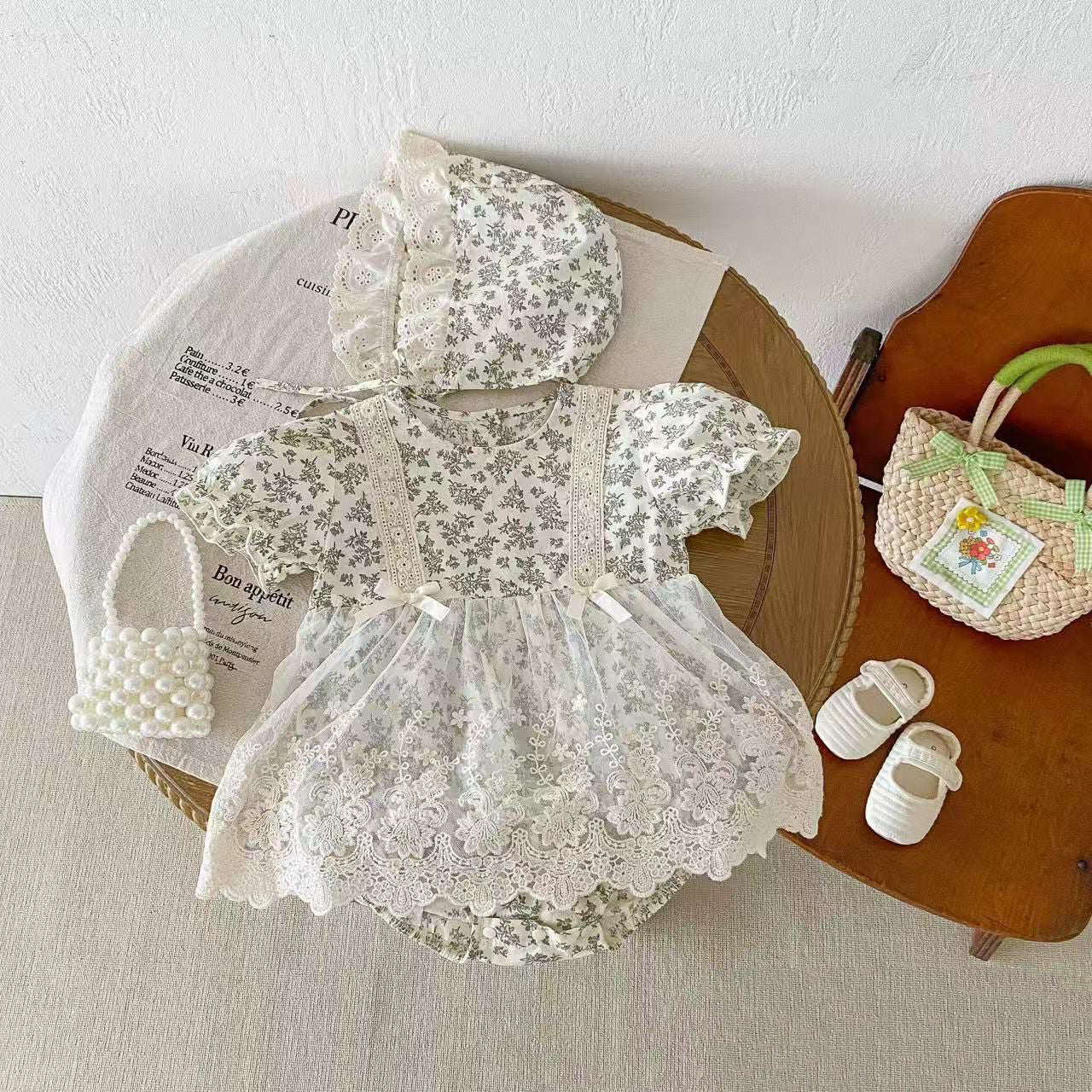 2pcs set vintage baby floral romper dress with lace skirt + hat