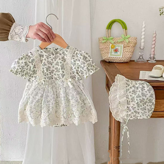 2pcs set vintage baby floral romper dress with lace skirt + hat
