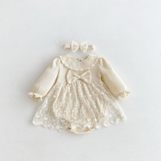 beige long sleeve romper with bow knot headband