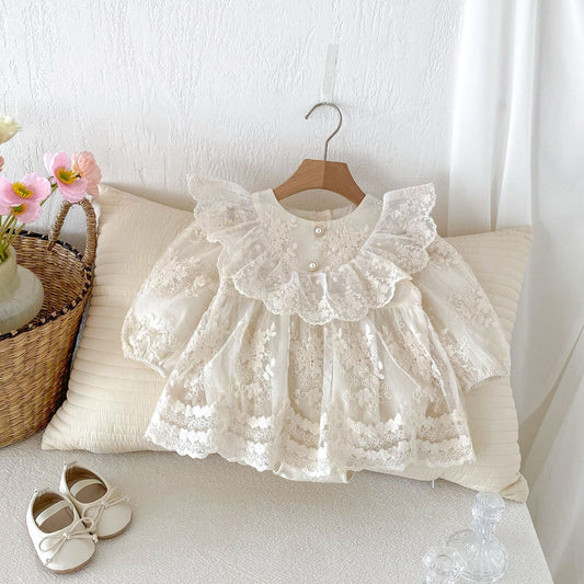 Vintage Long sleeve Romper dress lace collar beige color