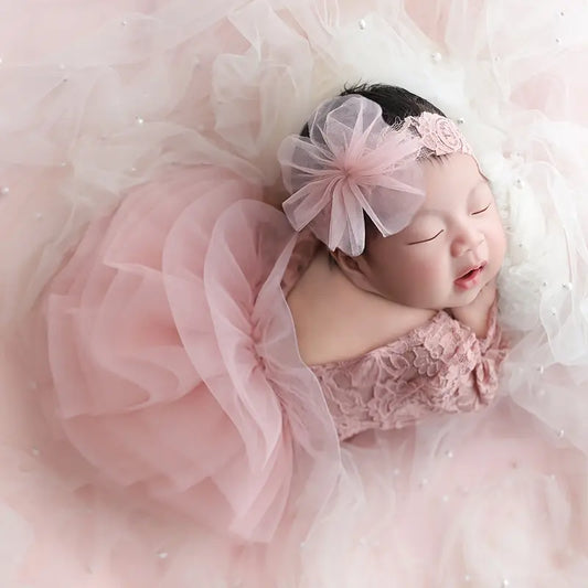 set of 2pcs 0-1 month Baby Girl lace romper dress  + tulle headband pink