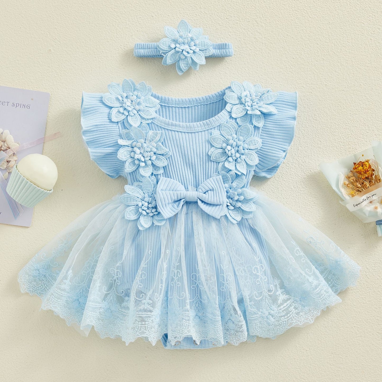 Baby Girl Lace Romper Dress flower and bow Boho + headband 4 color