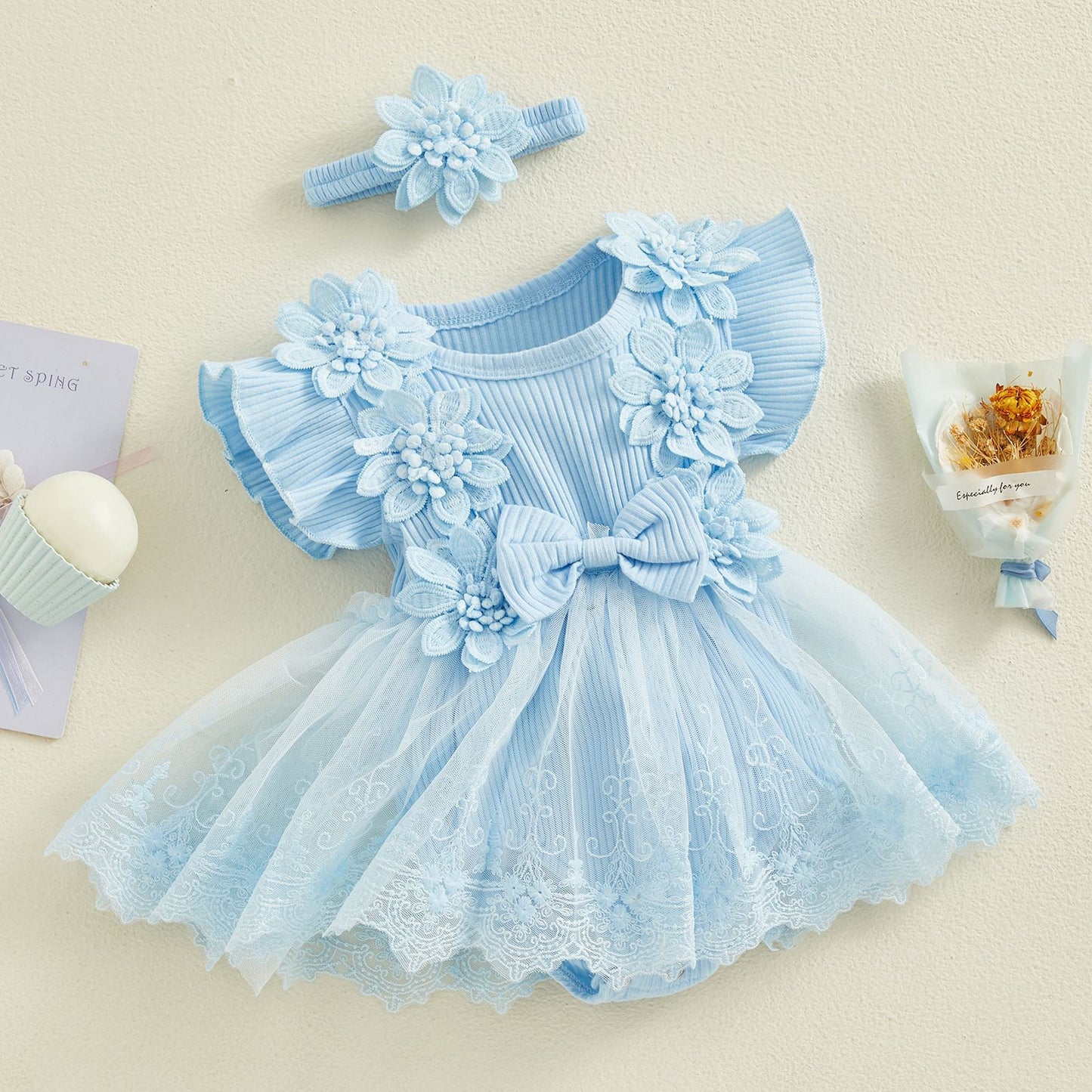 Baby Girl Lace Romper Dress flower and bow Boho + headband 4 color