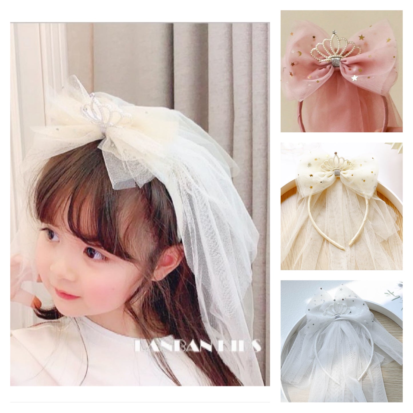 Girls veil headband with crown 3 color