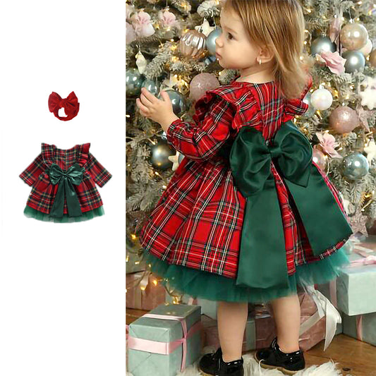 Princess vintage dress with big green bow knot at back for Christmas （ with headband )