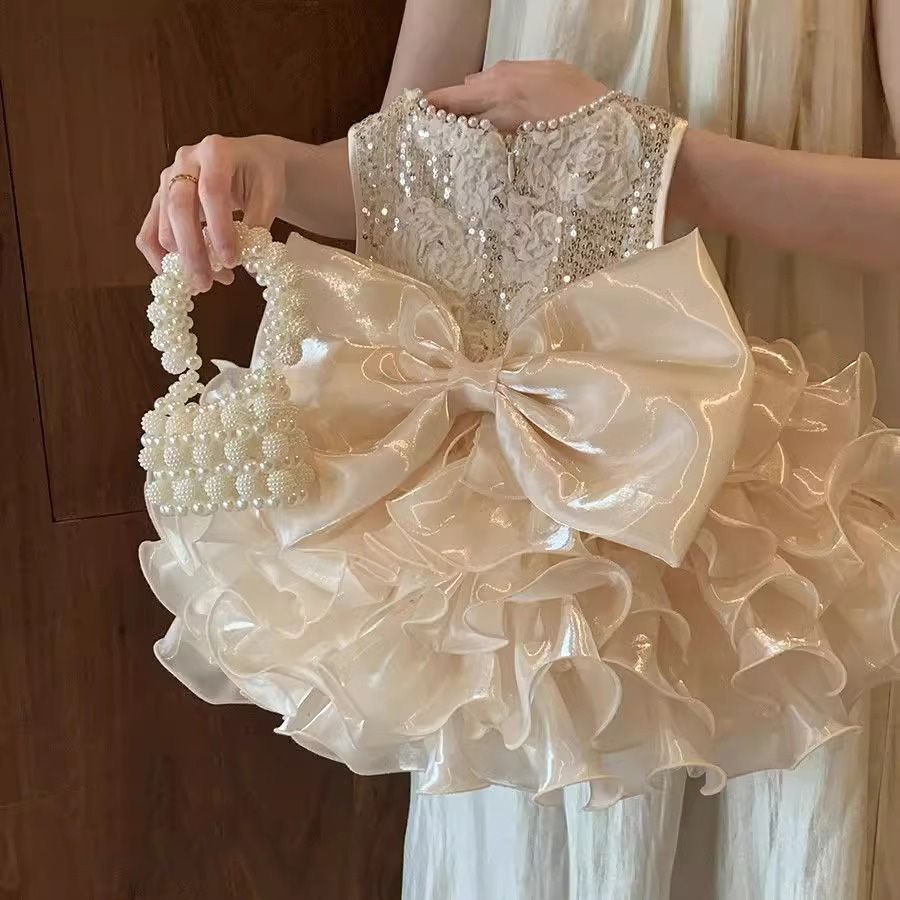 beige multi-layered princess dress with removable bow knot