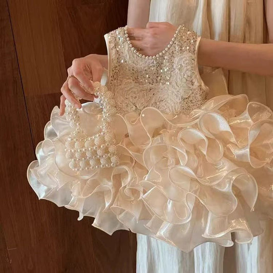beige multi-layered princess dress with removable bow knot