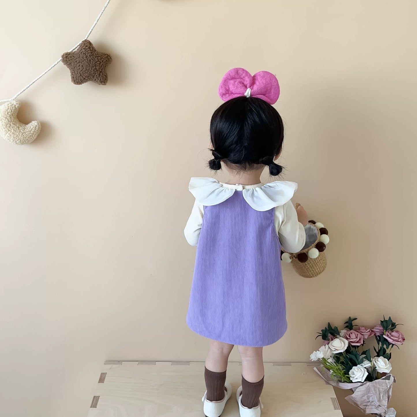 مجموعة من قطعتين تي شيرت بأكمام طويلة مع طوق دمية + فستان أرجواني