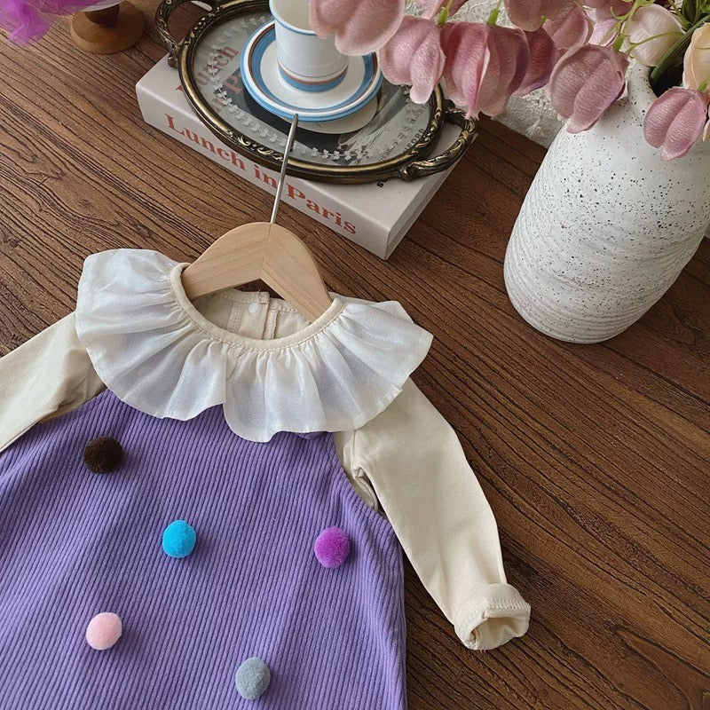 مجموعة من قطعتين تي شيرت بأكمام طويلة مع طوق دمية + فستان أرجواني