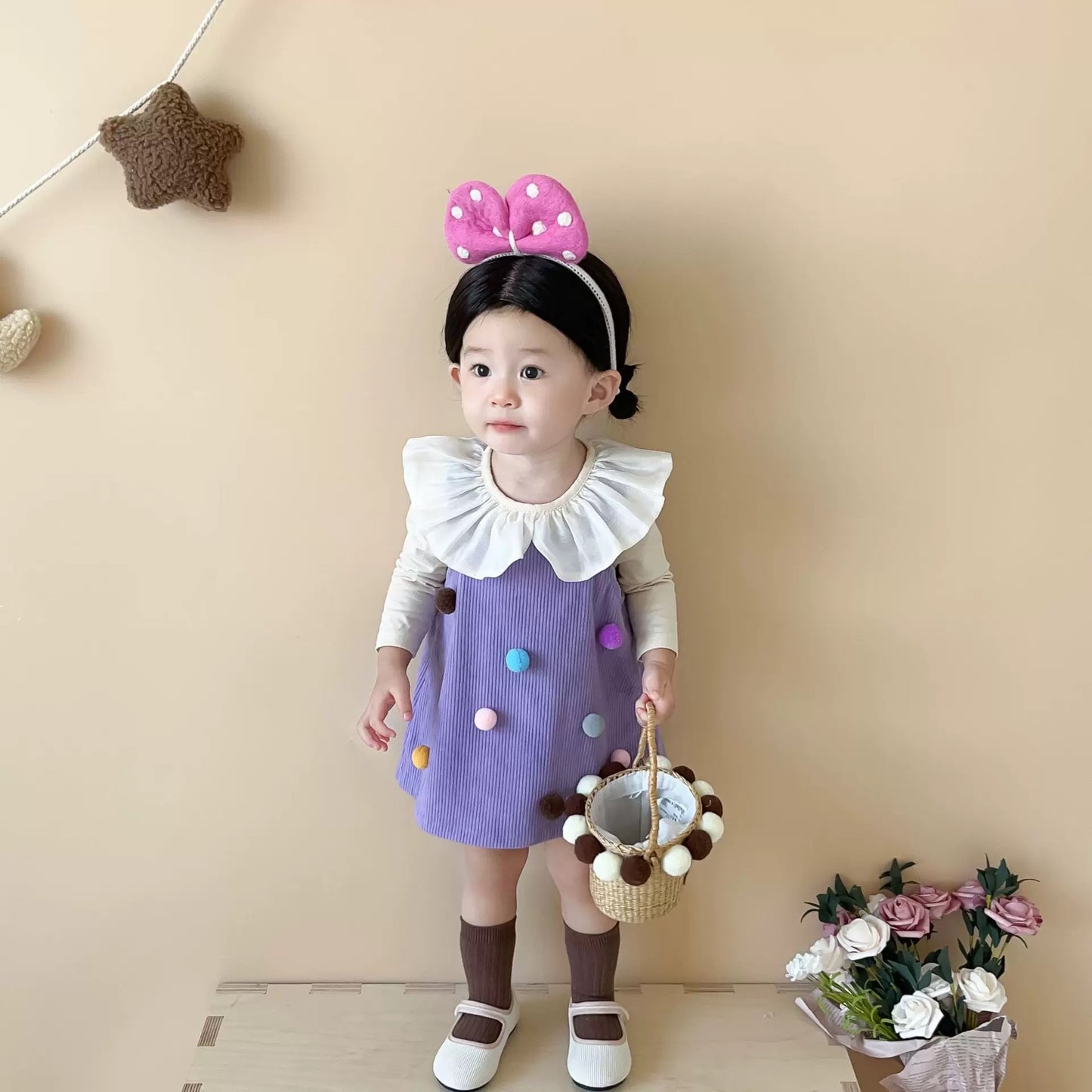 مجموعة من قطعتين تي شيرت بأكمام طويلة مع طوق دمية + فستان أرجواني