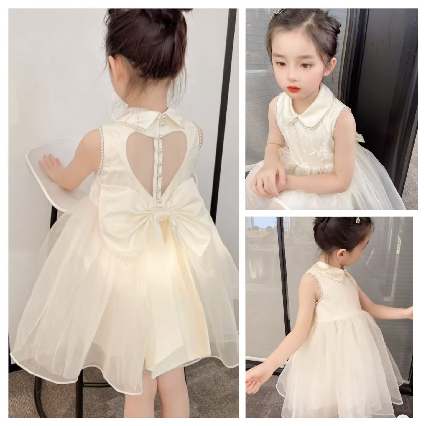 Party dress with see through back and heart shape, with  big bow knot at back and pearls beige color
