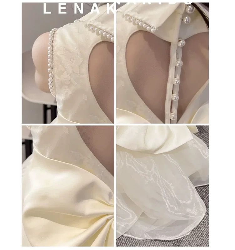 Party dress with see through back and heart shape, with  big bow knot at back and pearls beige color