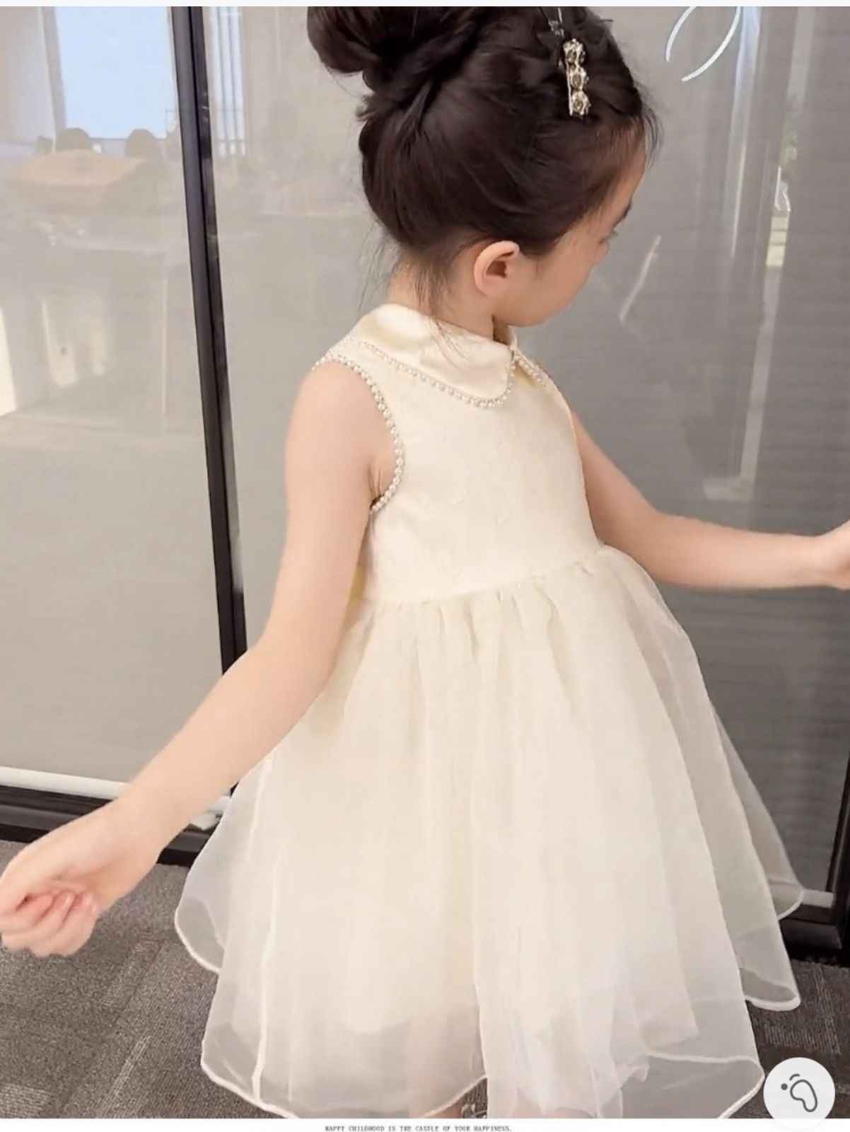 Party dress with see through back and heart shape, with  big bow knot at back and pearls beige color