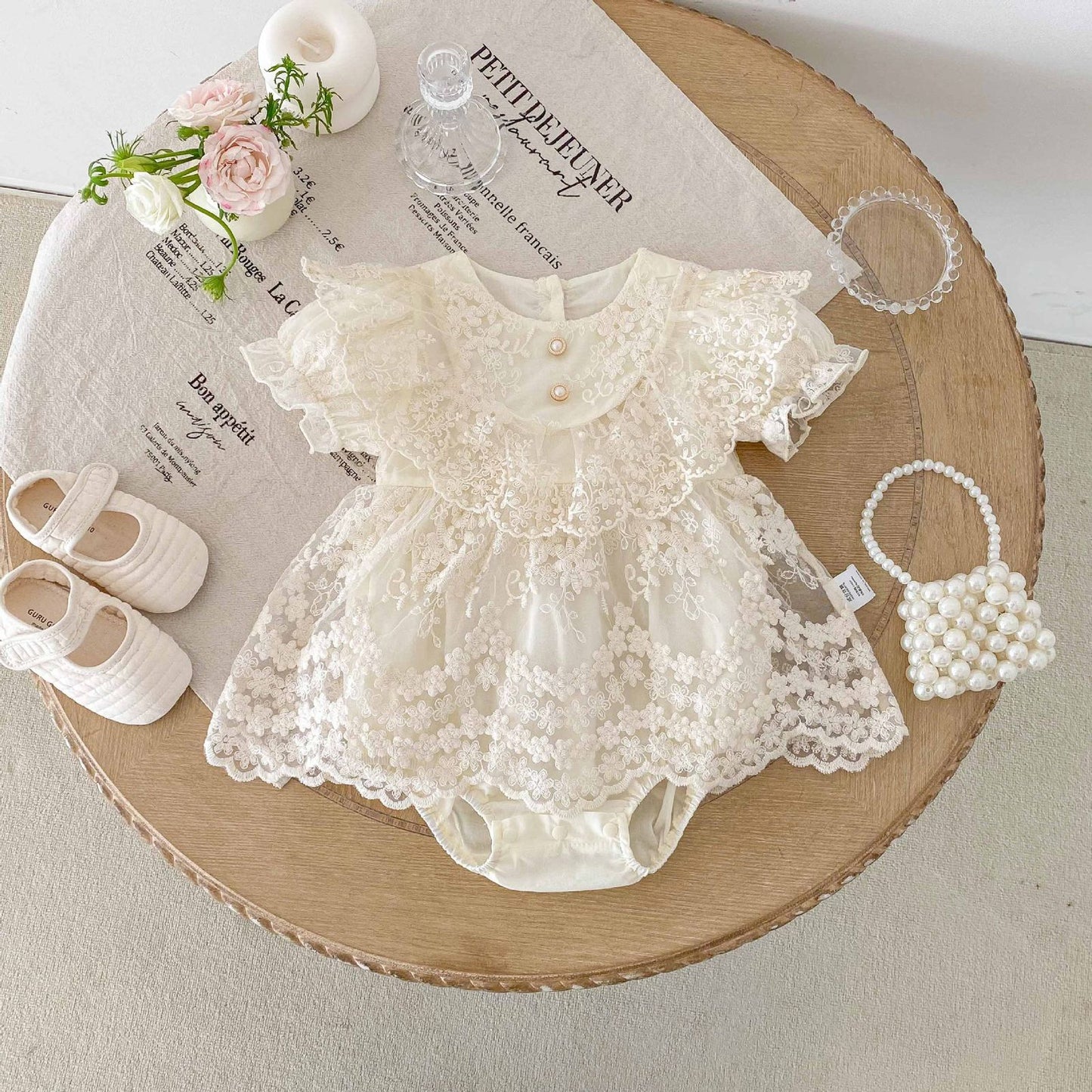Vintage short sleeve Romper dress with lace collar beige color