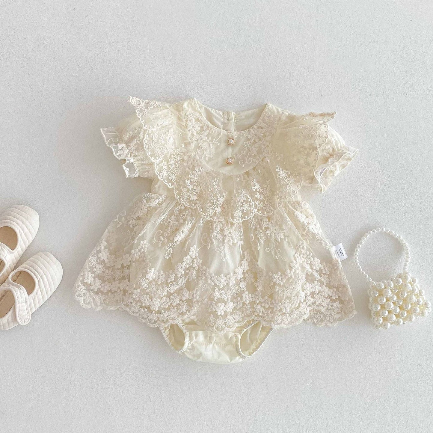 Vintage short sleeve Romper dress with lace collar beige color