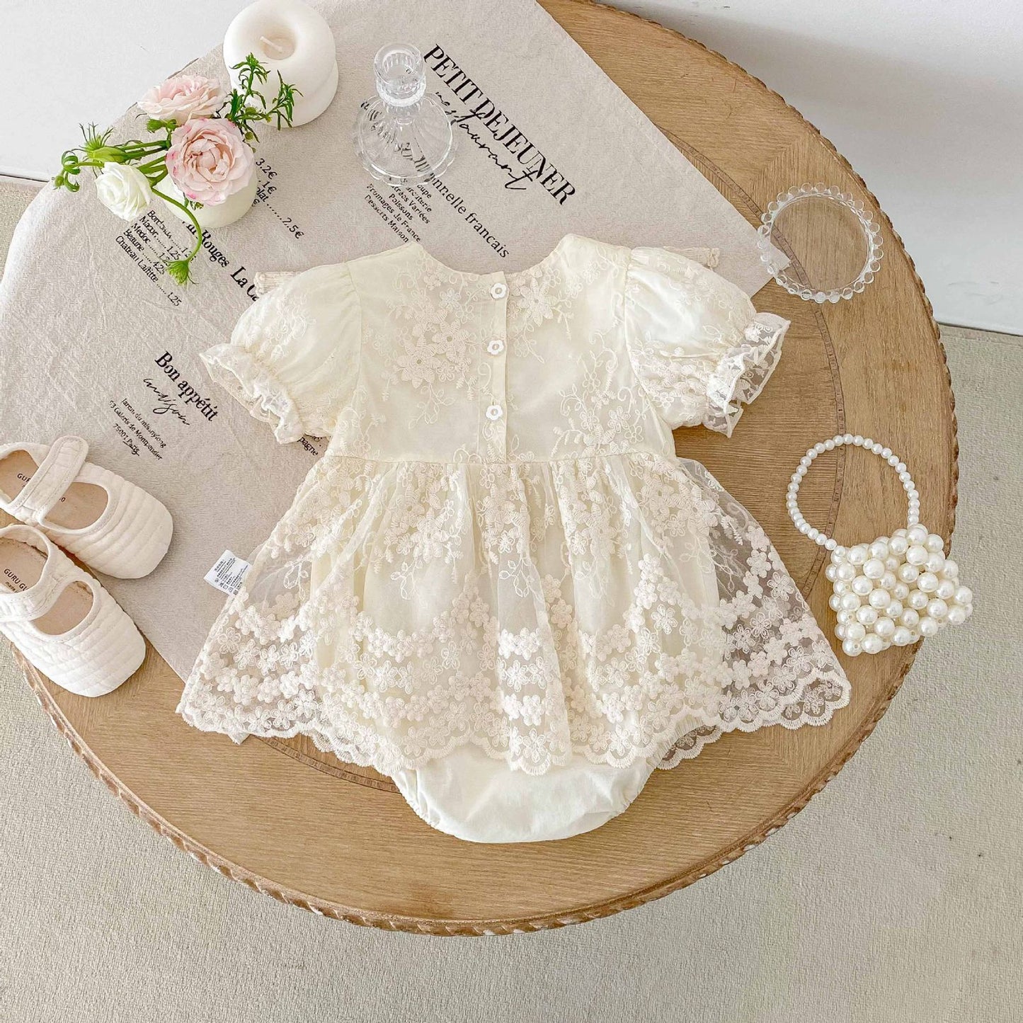 Vintage short sleeve Romper dress with lace collar beige color
